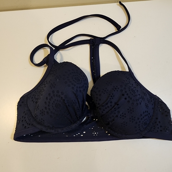 Aerie Navy Blue Beach Halter Bikini Top with Eyelet Details Size 36C - Picture 1 of 10